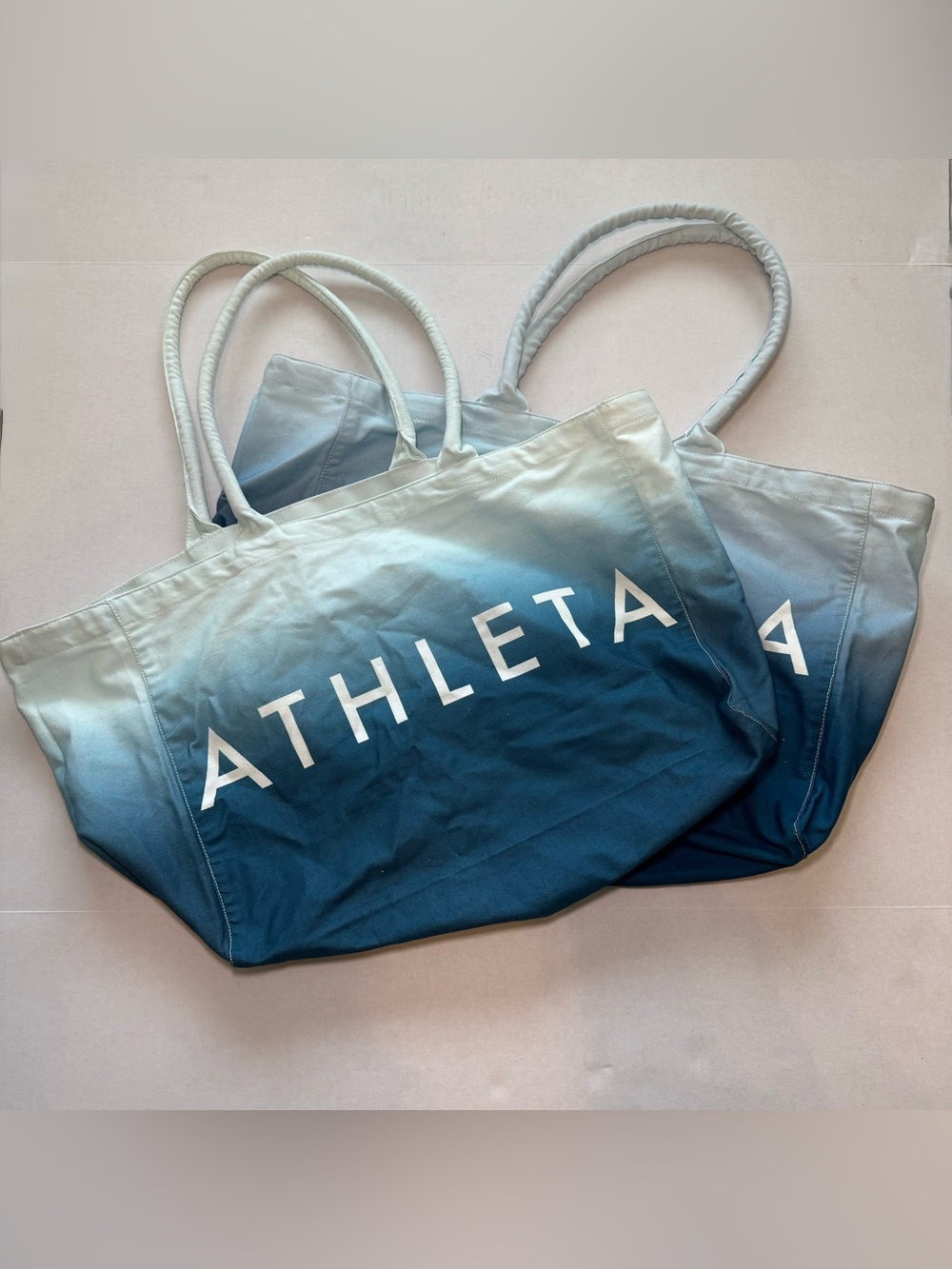 Athleta Large Canvas Tote Bundle (2) Blue Ombre Beach Gym Travel Bags